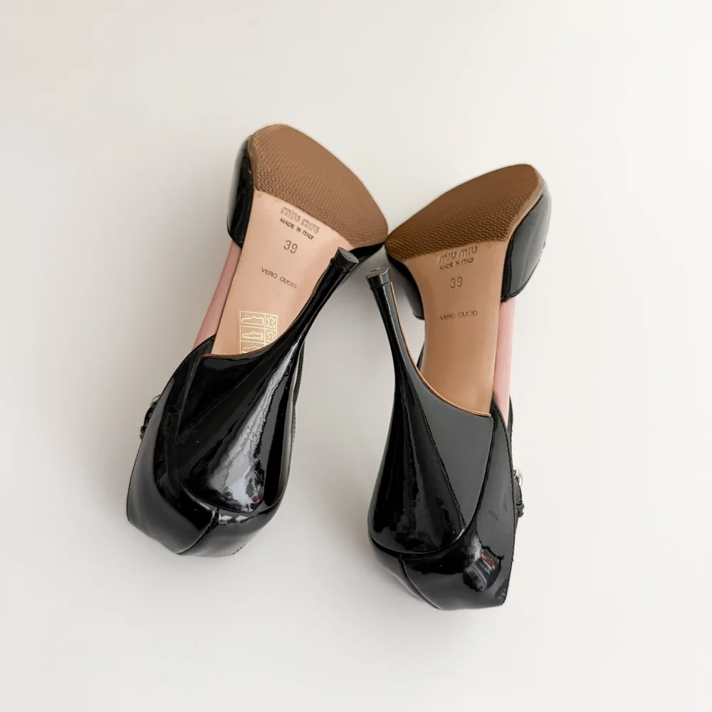 Miu Miu Vintage Black Eyelet Patent Leather Bow Heels (US 9.5 / IT